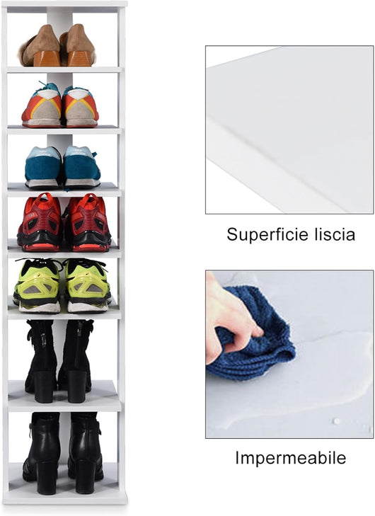 Scarpiera a 7 Ripiani, Scaffale Portascarpe in Legno con 2 Ripiani di Diverse Altezze, Scaffale Portaoggetti Multifunzione per Ingresso Soggiorno Camera da Letto, 28,5x25,5x110 cm (Bianco)