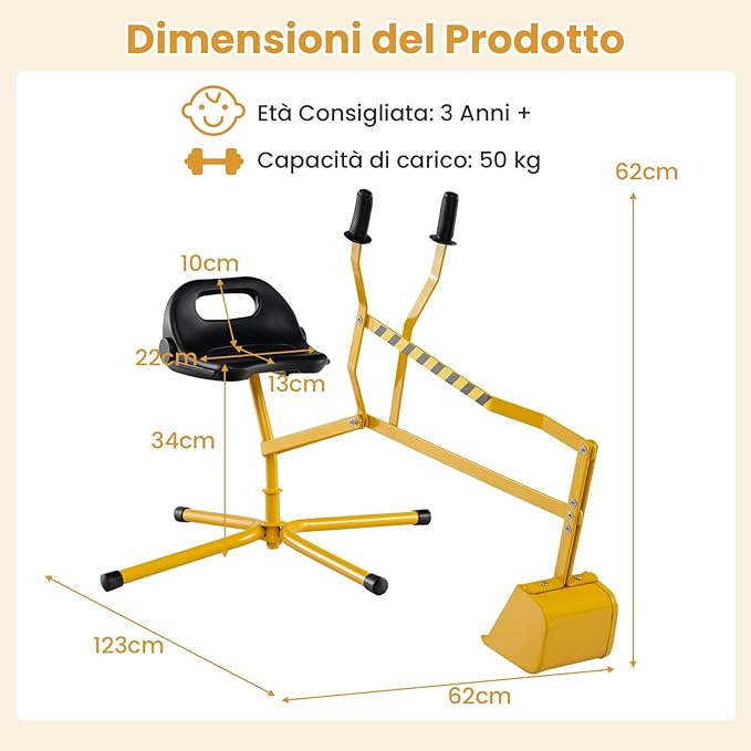 Ruspa Giocattolo per Bambini, Escavatore Cavalcabile con Controlli a 2 Mani e Pala Flessibile, Sedile Girevole a 360°, Regalo per Bambini 3 Anni+ (senza Ruote Giallo)