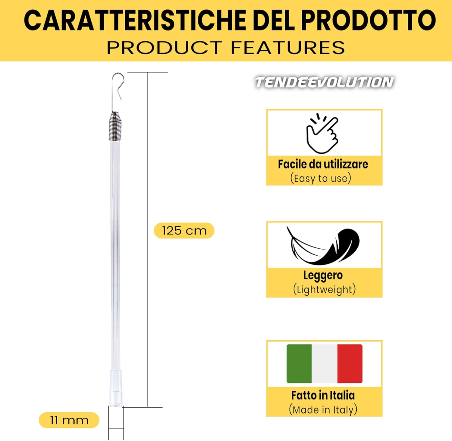 FRUSTINO Frusta/Asta per Movimento Tenda Scorritenda, Pannelli Rullo in Plexiglas Trasparente con Gancio - Altezza Asta 125cm