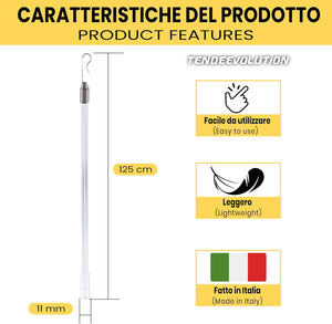 FRUSTINO Frusta/Asta per Movimento Tenda Scorritenda, Pannelli Rullo in Plexiglas Trasparente con Gancio - Altezza Asta 125cm