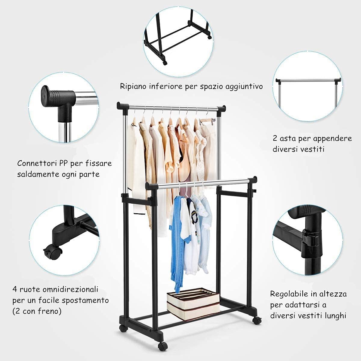 Stand Appendiabiti Multiuso in Metallo, Porta Abiti con Ruote, Appendiabiti Doppio con Altezza Regolabile, 86x43x94-168 cm