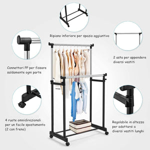 Stand Appendiabiti Multiuso in Metallo, Porta Abiti con Ruote, Appendiabiti Doppio con Altezza Regolabile, 86x43x94-168 cm