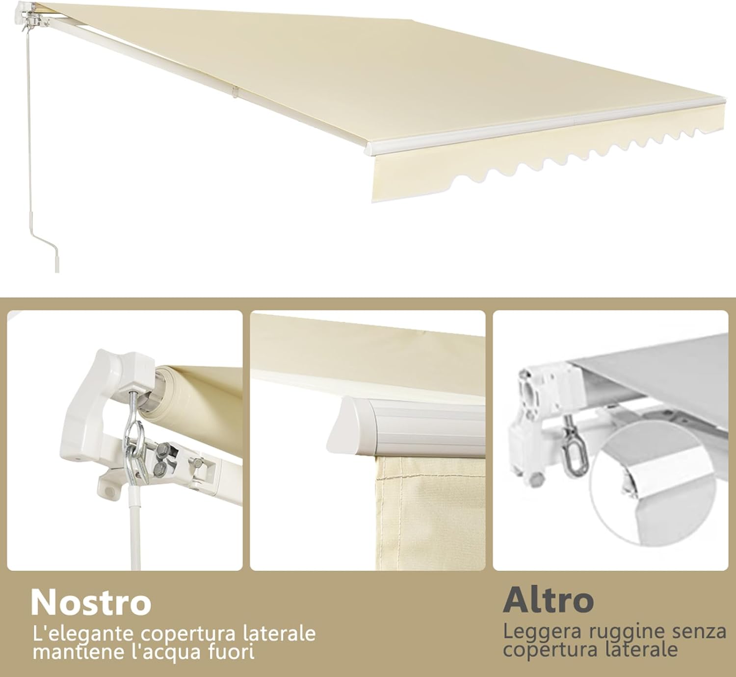 Tenda da Sole per Esterno Avvolgibile 3 x 2,5 M, Tenda da Sole a Bracci Estensibili con Telaio in Alluminio, Tettuccio Resistente al Sole e Impermeabile e Manovella (3 x 2,5 m, Beige)