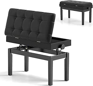 Panca per pianoforte imbottita con altezza regolabile 48-58 cm, panca per pianoforte o tastiera con spazio di archiviazione, gambe in legno massello, portata fino a 200 kg (nero)