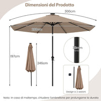 Ombrellone da Esterno 288 cm, con 96 Luci LED, Ombrellone Giardino con Inclinazione Regolabile, Manovella, 8 Stecche e Top Ventilato, Parasole da Mercato per Giardino Spiaggia (Marrone)