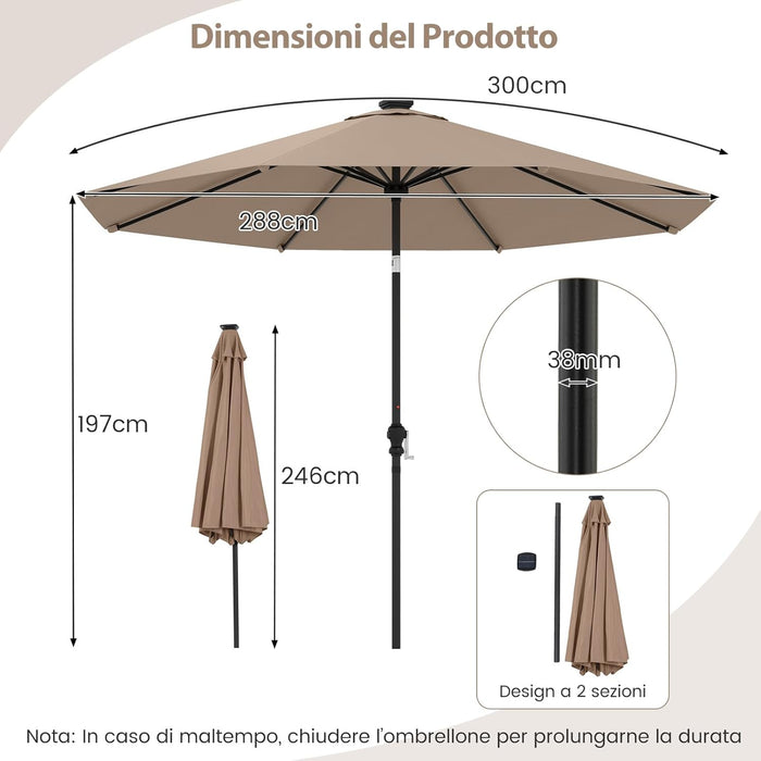 Ombrellone da Esterno 288 cm, con 96 Luci LED, Ombrellone Giardino con Inclinazione Regolabile, Manovella, 8 Stecche e Top Ventilato, Parasole da Mercato per Giardino Spiaggia (Marrone)