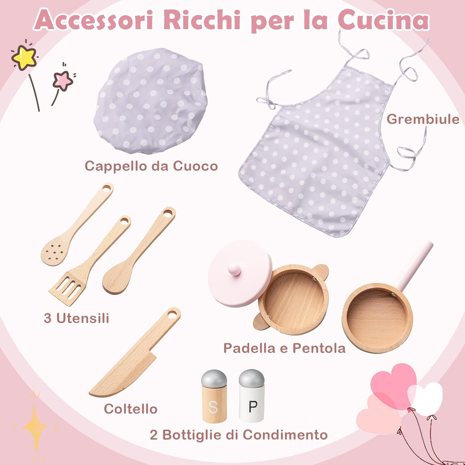 Cucina Giocattolo con Fornelli a Suoni e Luci Reali, Cucina per Bambini in Legno con Lavandelo Estrabile, Rubinetto e Forno, Set Cucina con 11 Accessori, 55 x 31 x 75 cm (Rosa)