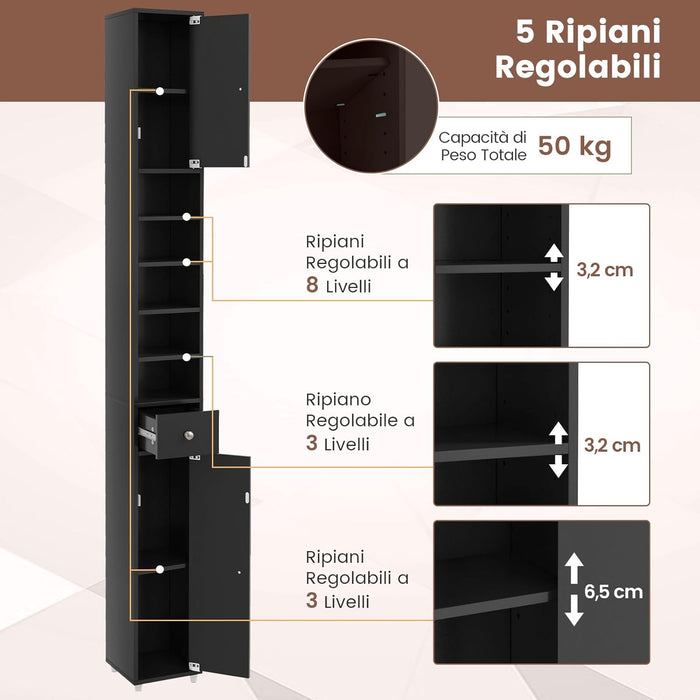 Armadio da Terra Alto, Mobile Colonna Bagno con 2 Ante 1 Cassetto e 5 Ripiani Regolabili, Mobile Bagno Salvaspazio per Bagno Soggiorno Camera da Letto, 20x20x180cm (Nero)
