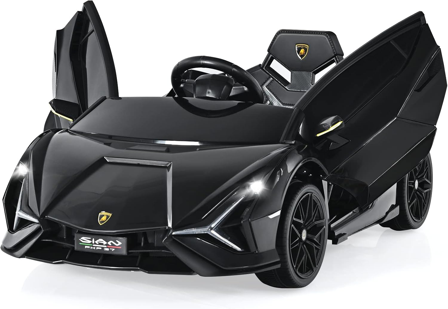 Macchina Elettrica Lamborghini per Bambini da 12V, Veicolo Elettrico Cavalcabile con Luci LED MP3 Telecomando, Fino a 5km/h, +3 Anni (Nero)