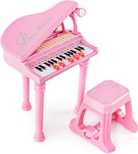Tastiera Pianoforte a 31 Tasti con Microfono e Sgabello, Pianoforte Giocattolo Portatile con Modalità di Insegnamento a LED, Pianoforte a Coda per Bambini 3+ Anni (Rosa), 35 x 30 x 55 cm
