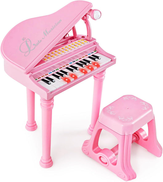 Tastiera Pianoforte a 31 Tasti con Microfono e Sgabello, Pianoforte Giocattolo Portatile con Modalità di Insegnamento a LED, Pianoforte a Coda per Bambini 3+ Anni (Rosa), 35 x 30 x 55 cm