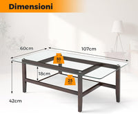 Tavolino da Caffè in Vetro, Tavolino Rettangolare a 2 Livelli con Ripiano e Gambe in Legno di Gomma, Tavolo Moderno per Soggiorno, Casa e Ufficio, 107 x 60 x 42 cm