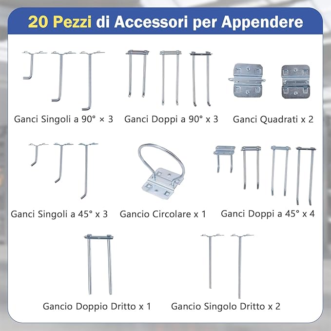 Banco da Lavoro con Piano da 80 x 40 cm, Banco da Lavoro Officina con Pannello Forato e 20 Ganci Porta Attrezzi, Tavolo da Lavoro per Garage con Cassetto e 2 Mensole (Blu)