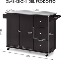 Carrello da Cucina, Isola da Cucina con Piano in Acciaio Inox, 3 Cassetti e Armadietto a 2 Ante, Ripiani Regolabili e Portasciugamani e Portaspezie, 135x45,5x 91,5 cm (Marrone)