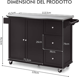 Carrello da Cucina, Isola da Cucina con Piano in Acciaio Inox, 3 Cassetti e Armadietto a 2 Ante, Ripiani Regolabili e Portasciugamani e Portaspezie, 135x45,5x 91,5 cm (Marrone)