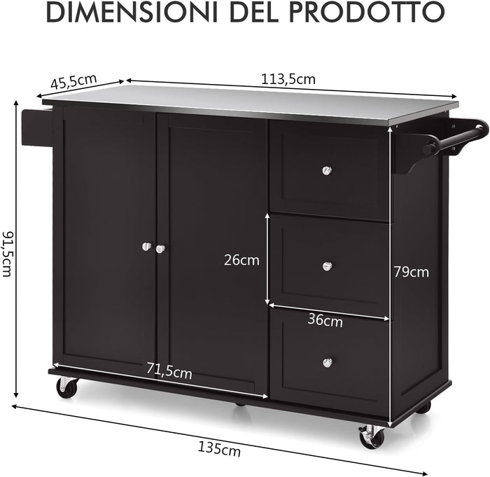 Carrello da Cucina, Isola da Cucina con Piano in Acciaio Inox, 3 Cassetti e Armadietto a 2 Ante, Ripiani Regolabili e Portasciugamani e Portaspezie, 135x45,5x 91,5 cm (Marrone)