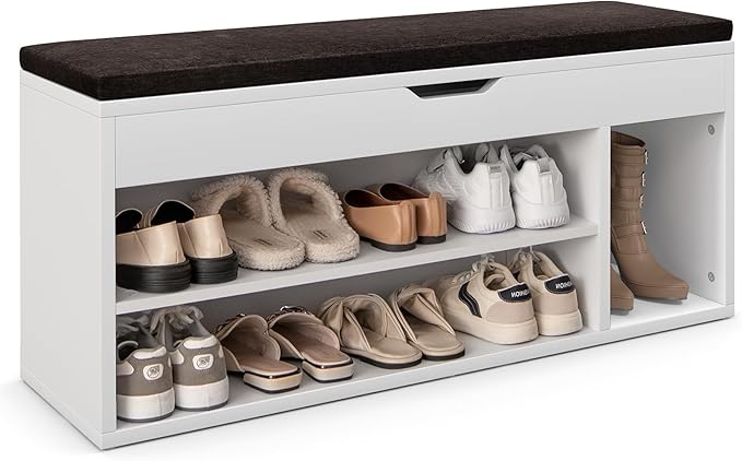 Scarpiera Panca con Cuscino, Scarpiera da Ingresso Salvaspazio, Panca Contenitore per Ingresso Corridoio, 104x30x48 cm, Carico 150 kg (Bianco)