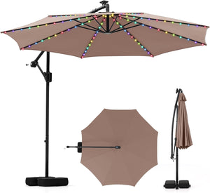 Ombrellone da Giardino 290 cm, con 96 Luci LED, Ombrellone Esterno con Base, Inclinazione Regolabile, Rotazione a 360°, Manovella, Parasole da Giardino (Marrone)