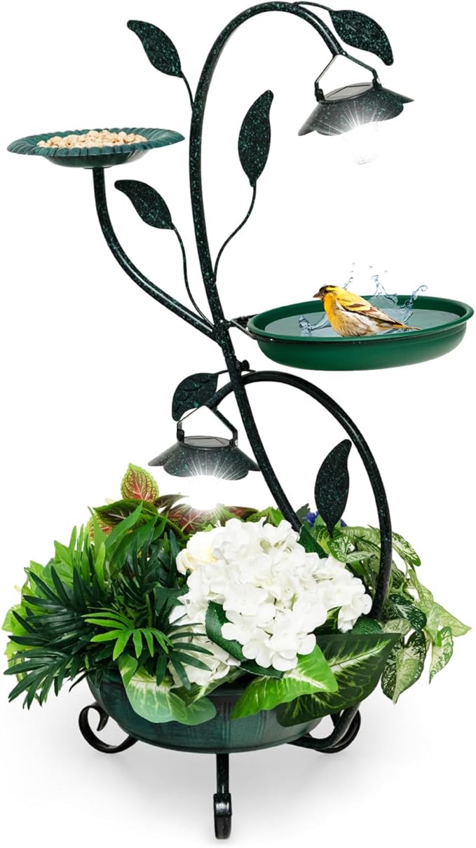 Mangiatoia per Uccelli da Giardino 83CM, Vasca per Uccelli da Esterno Alimentata a Energia Solare con Piedistallo per Fiori e 2 Luci LED, per Giardino, Cortile e Prato, Bronzo