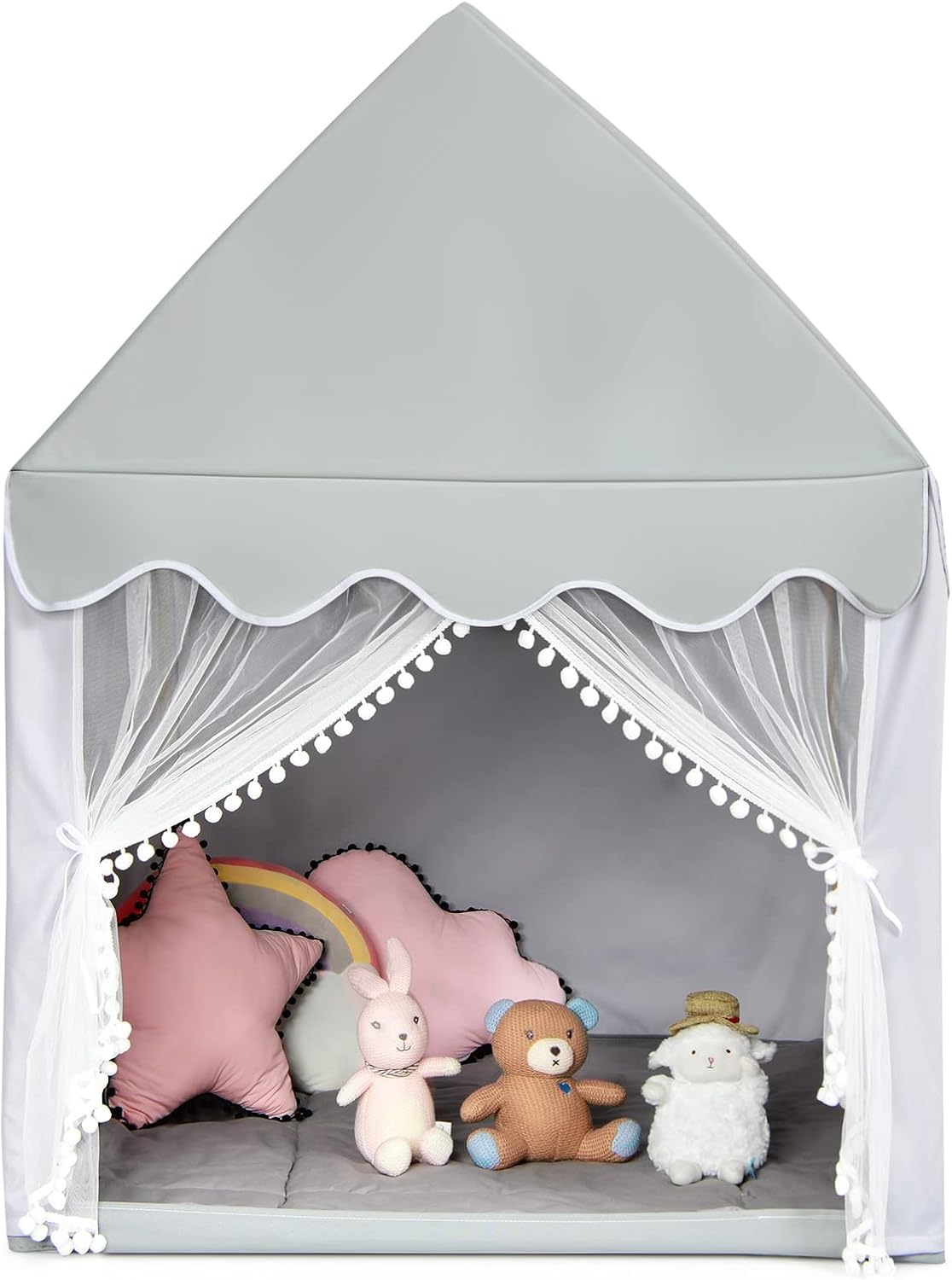 Casetta per Bambini, Casetta con Tenda Resistente Struttura in Solido Legno e Tappetino di Cotone, Con Tenda Porta e Finestra