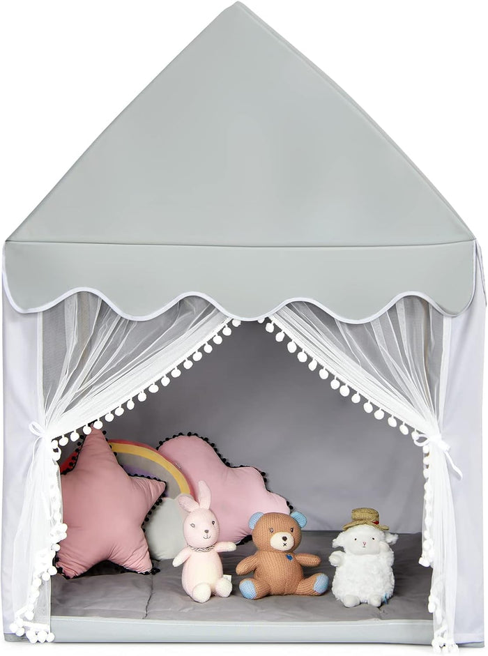 Casetta per Bambini, Casetta con Tenda Resistente Struttura in Solido Legno e Tappetino di Cotone, Con Tenda Porta e Finestra