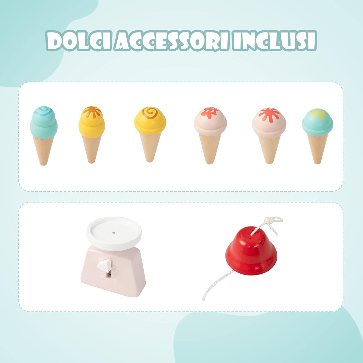 Carretto dei Gelati in Legno per Bambini, con 6 Gelati Giocattolo, Bilancia a Forma di A, Campanello Funzionante, Gelateria per Bambini + 3 Anni, 79 x 29 x 100 cm (Rosso)