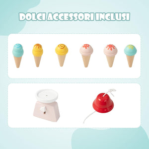 Carretto dei Gelati in Legno per Bambini, con 6 Gelati Giocattolo, Bilancia a Forma di A, Campanello Funzionante, Gelateria per Bambini + 3 Anni, 79 x 29 x 100 cm (Rosso)