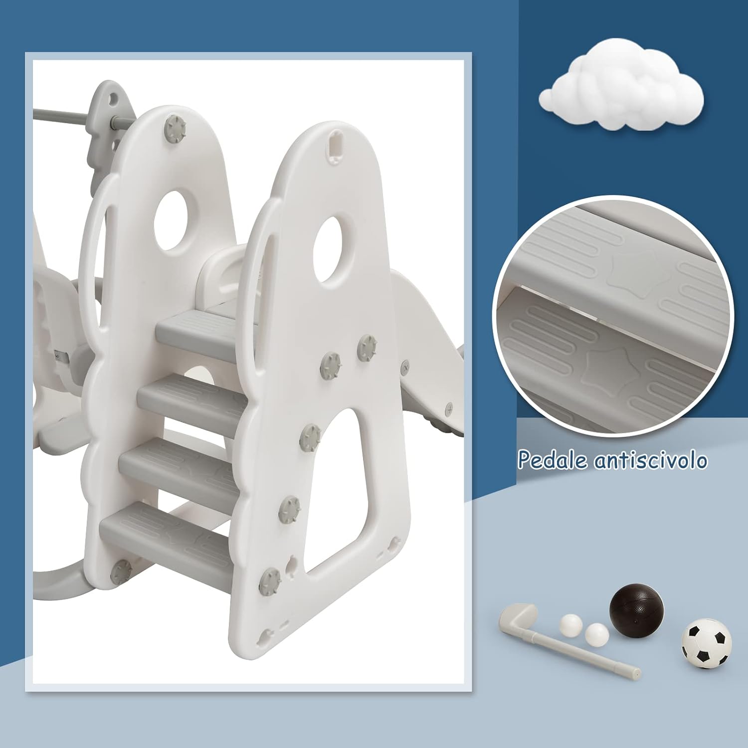 6 in 1 Parco Giochi per Bambini, con Altalena Scivolo Canestro da Basket Golf, Parco Giochi per Bambini da Esterno ed Interno, 172x182x108-120cm, 18 Mesi+ (Bianco)