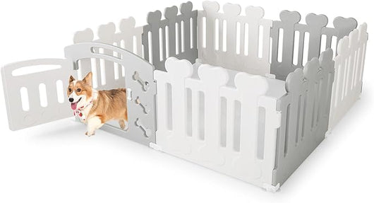 Recinto per Animali con 8 Pannelli, Cancelletto per Cani e Cognigli in HDPE con Porta, Chiusura e Angoli Sicuri, Cancello per Animali da Interno ed Esterno (Grigio e Bianco)