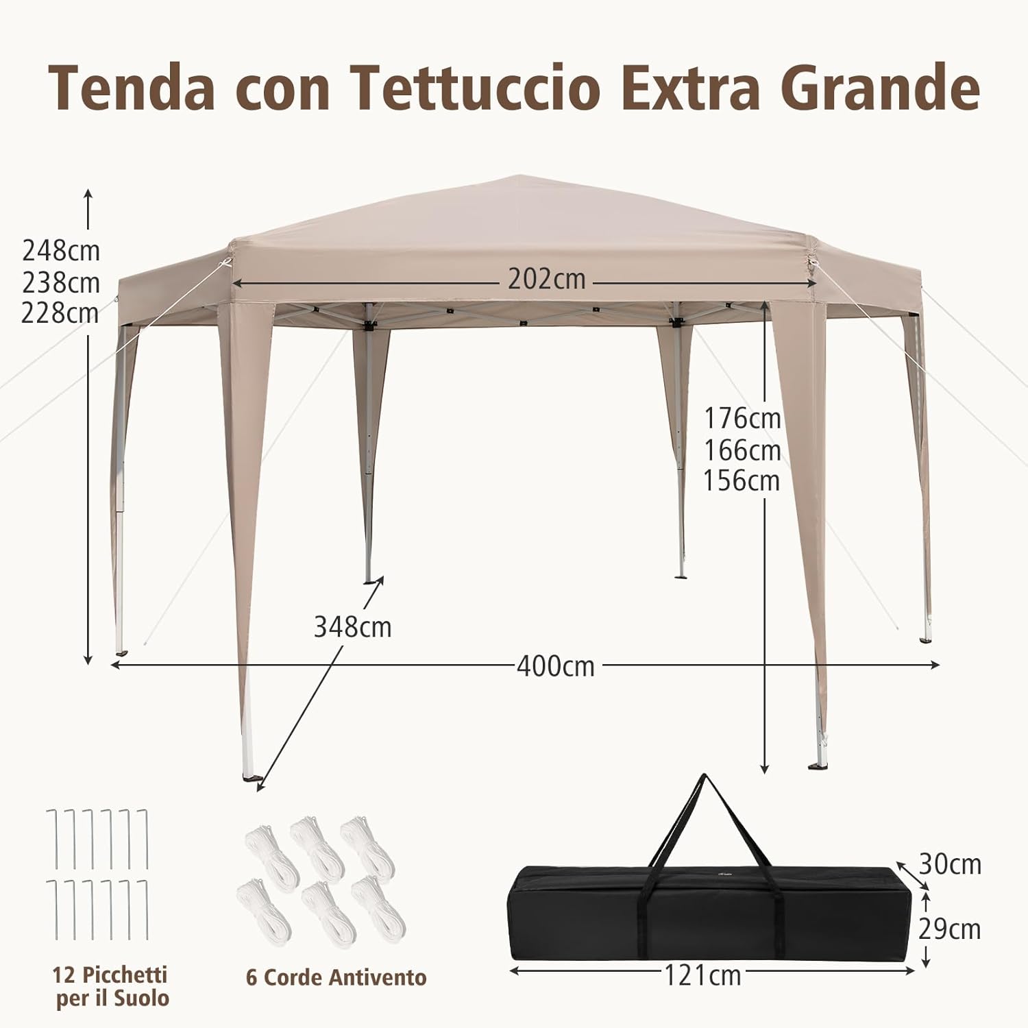 Gazebo Pop-Up Pieghevole 4 x 3,5 m, Gazebo da Giardino Impermeabile, Regolabile in Altezza, Tenda da Giardino con Borsa di Trasporto, per Campeggio e Feste