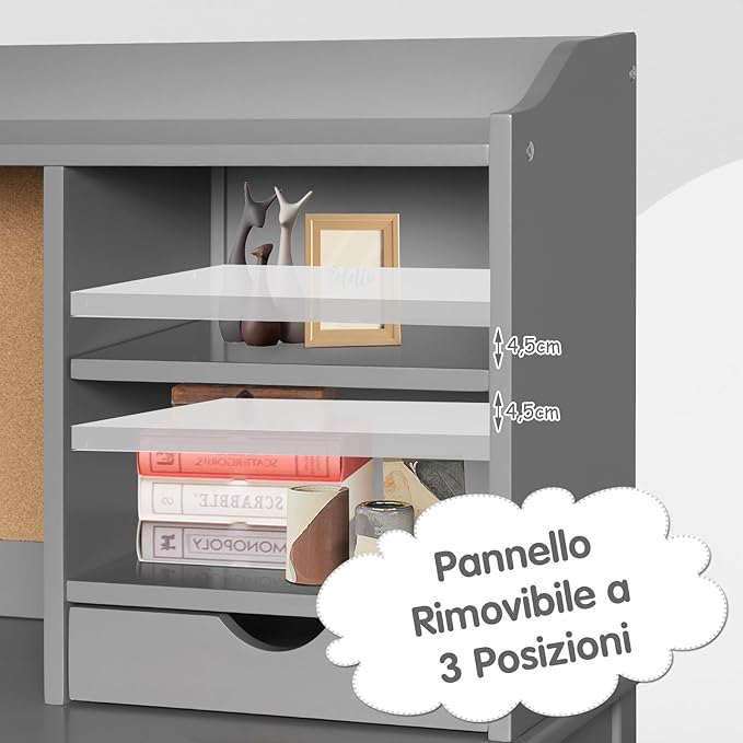 Set Scrivania e Sedia per Bambini 5-12 Anni, Tavolo in Materiale Sicuro con Bacheca in Sughero, 2 Cassetti e Spazio Ampio, Design Moderno, Ideale per Studio e Disegno (Grigio)