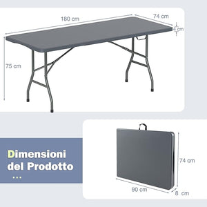 Tavolo Pieghevole Portatile da 180/245 cm, Tavolo da Campeggio in HDPE, Meccanismo di Blocco Sicuro, Tavolo da Picnic con Maniglia, Portata 160 kg (180 cm,Grigio)