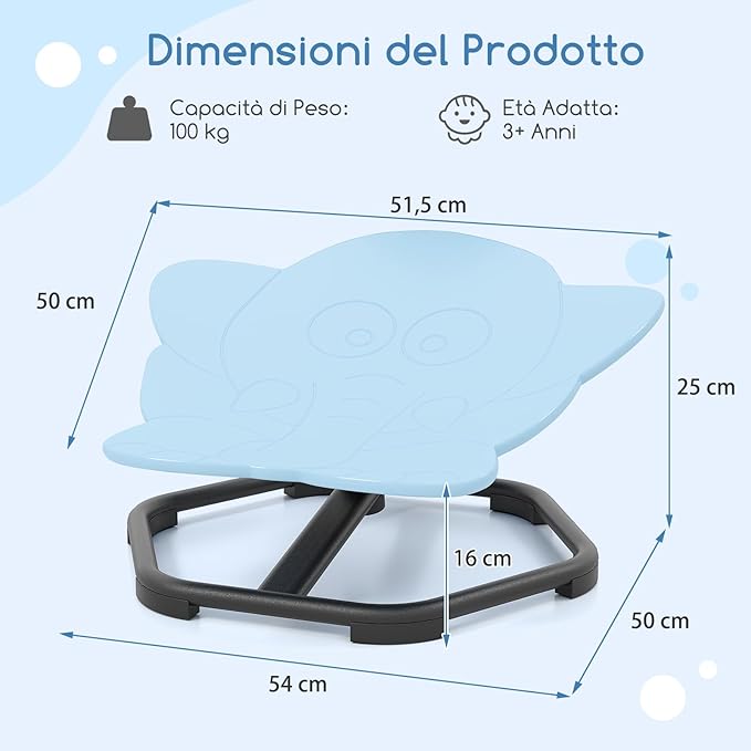 Sedia Girevole a 360° per Bambini, Sedia Sensoriale con Base in Metallo Antiscivolo per Allenare la Coordinazione Fisica e l'Equilibrio, Giocattolo per Cameretta (Blu,Elefante)