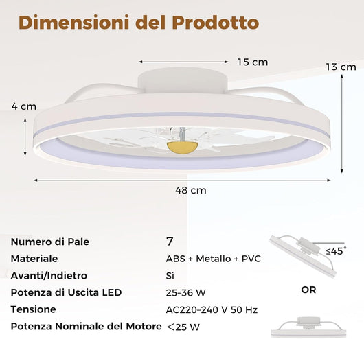 Ventilatore da Soffitto con Luce e Telecomando, Lampadario con Ventilatore con LED Dimmerabile, 6 Velocità Della Ventola e Timer, Plafoniera con Ventilatore per Soggiorno, 48 x 48 x 13 cm