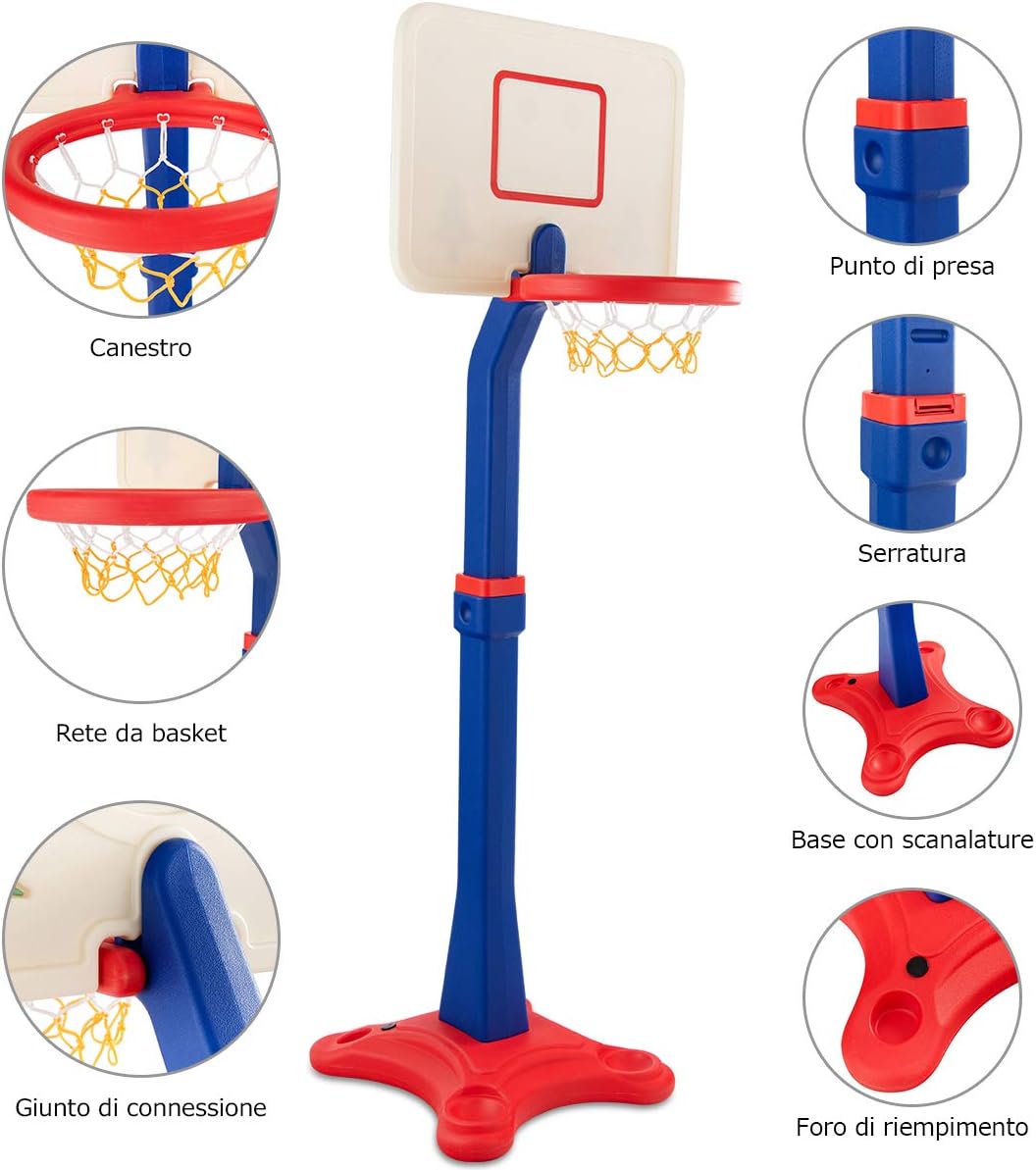 Canestro da Basket a Colonna per Bambini, con Altezza Regolabile, per Allenarsi a Giocare a Basket, per Interno ed Esterno, per Bambini +3 Anni, 160-215cm