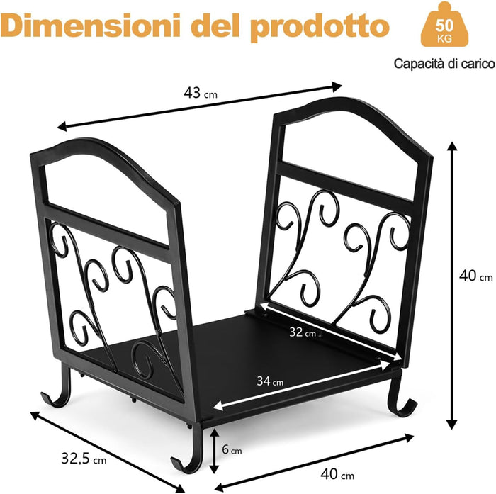 Porta Legna da Ardere per Interni ed Esterni, Portelegna in Metallo con Piedini Rialzati e Motivi Eleganti, Porta Ceppi Decorativi per Caminetti, 43 x 32,5 x 40 cm