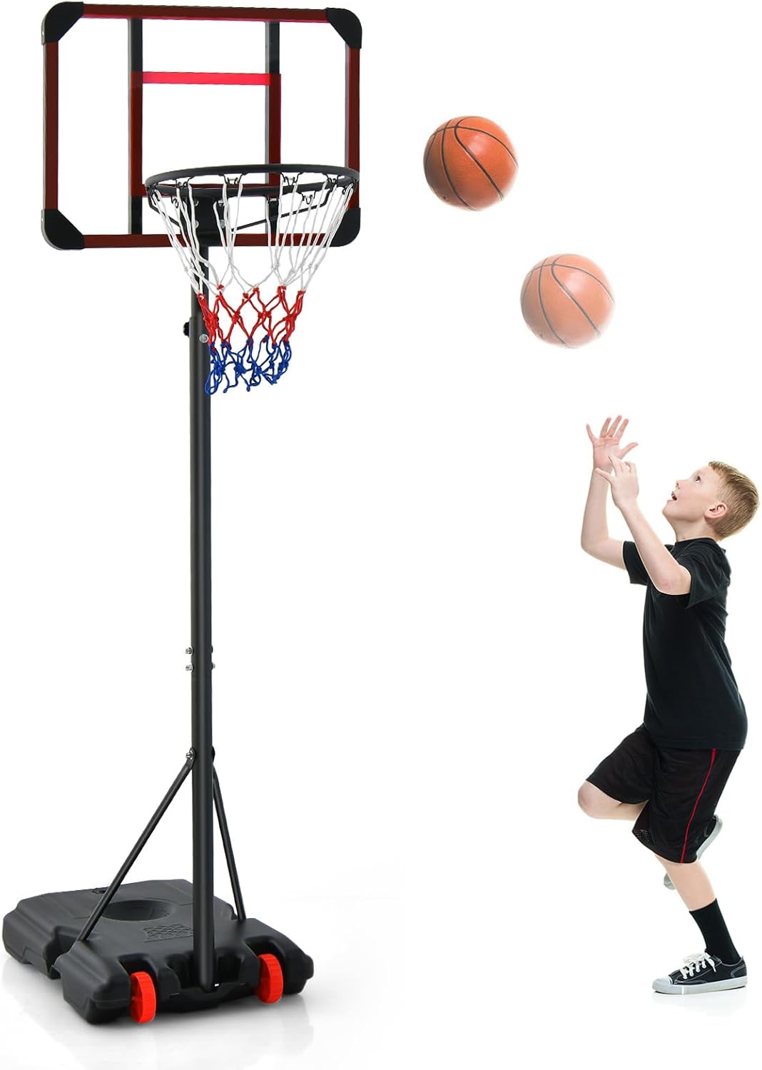 Canestro da Basket Regolabile in Altezza 193-248 CM, Canestro da Basket da Esterno ed Interno con Ruote e Supporto per Pallone, Canestro da Basket per Parco, Casa e Giardino