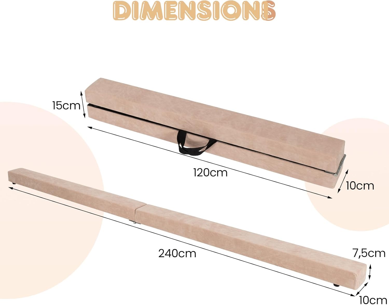 Trave Ginnastica Artistica per Casa 210/240 cm, Trave Pieghevole per Bambini con Maniglia, Base in Legno e Fondo Antiscivolo, Trave di Equilibrio da Pavimento