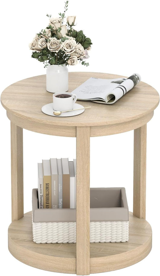 Tavolino Rotondo da Salotto, Tavolo da Caffè a 2 Livelli con Ripiano e Gambe in Legno di Gomma, Portata 160 kg, Tavolino in Legno per Soggiorno, Studio e Ufficio, 60,5 x 60,5 x 61 cm (Quercia)