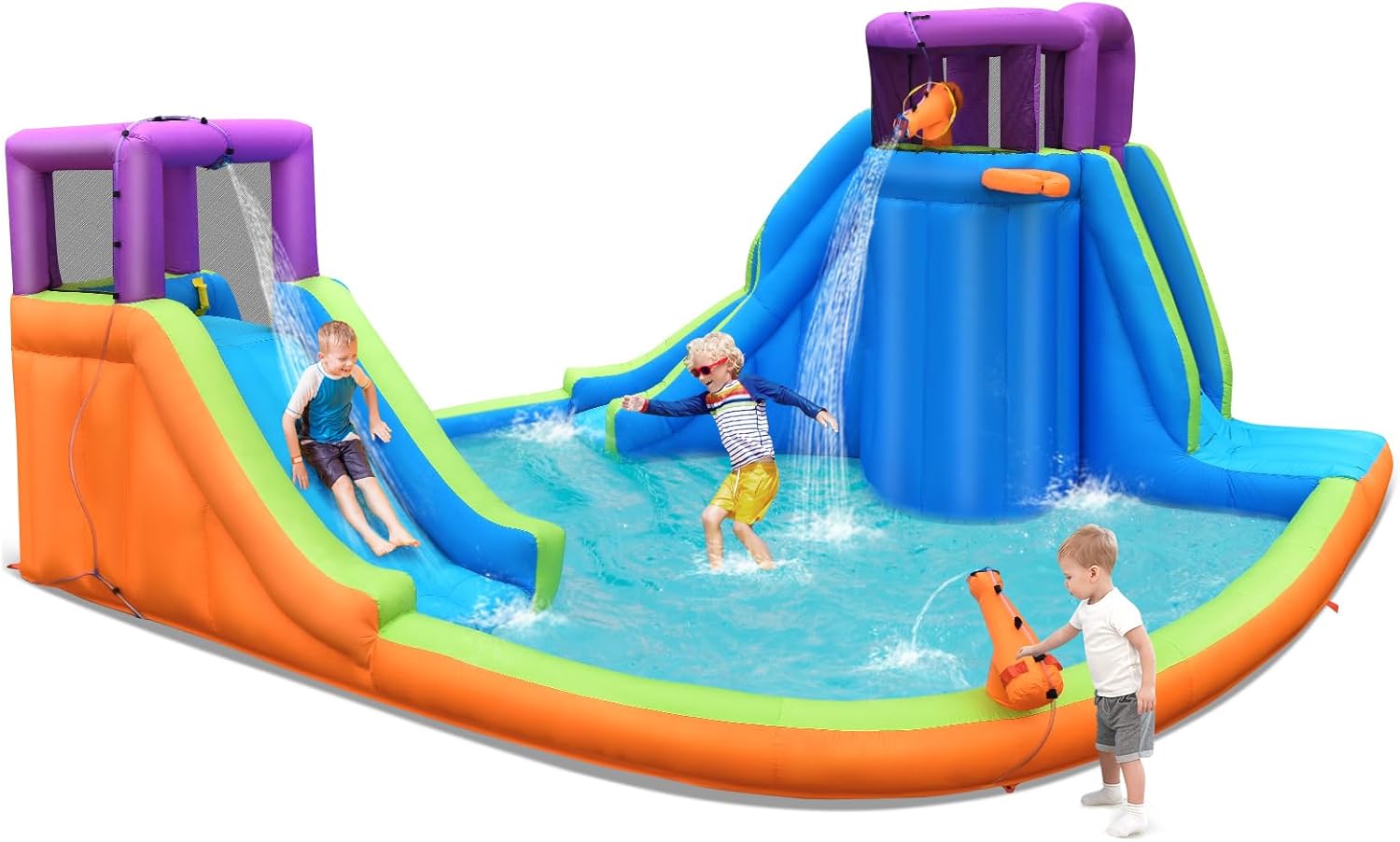 Castello Gonfiabile per Bambini con 2 Torre e Cannoni d’Acqua, Castello Gonfiabile con 2 Scivoli, Muro di Arrampicata e Canestro, Parco Acquatico per Bambini da 3+ Anni