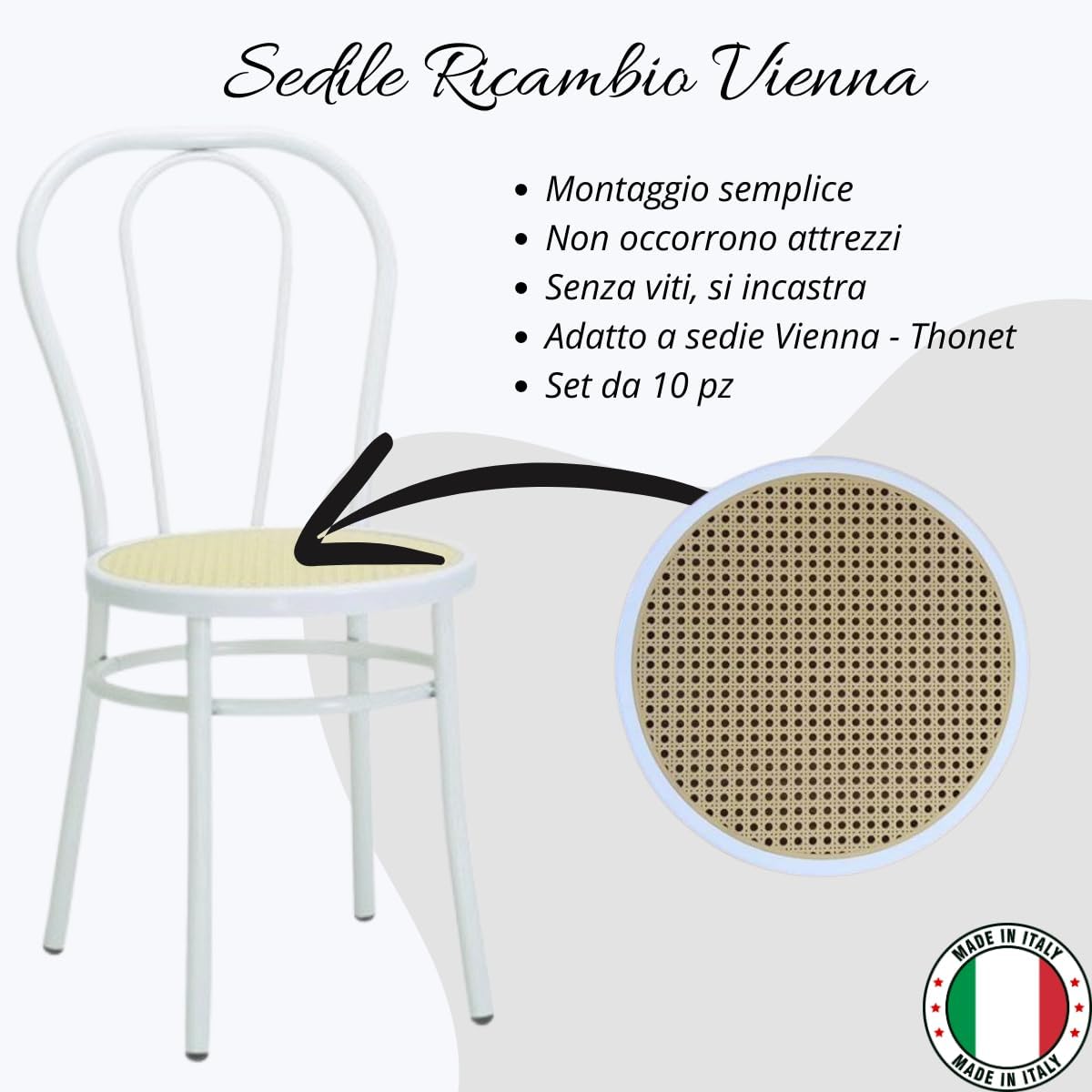 Tomaino - Fondelli Sedia Rotondi, Ricambi Sedute In Paglia Per Sedie Vienna, Bistrot, Thonet - 10 pz Nero