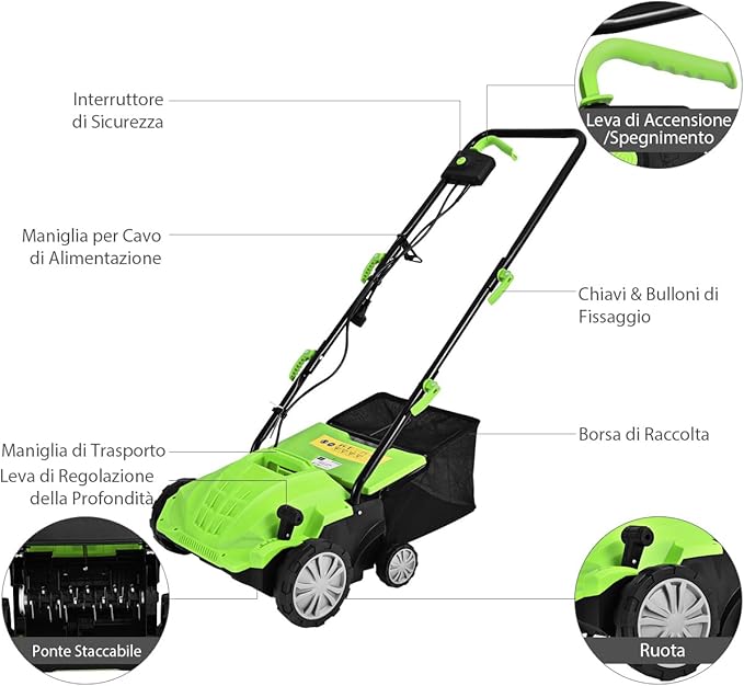Scarificatore 2 In-1 per Prato, Arieggiatore Elettrico con Sacco Raccoglitore da 30L, Larghezza 32cm, con 3 Posizioni Regolabili, Scarificatore 1500W per Giardino Cortile (32 cm, Verde)