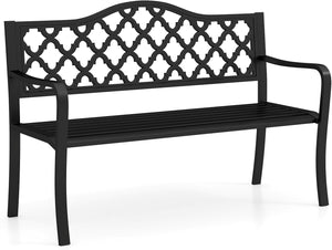 Panchina da Esterno in Metallo 128 x 54 x 89 cm per 2-3 Persone, Panca da Giardino con Doghe e Braccioli Curvati per Piscina e Veranda, Nero