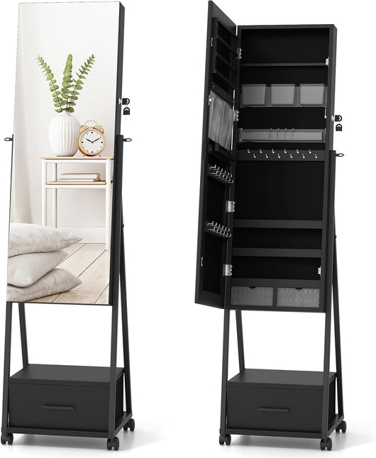 Armadio Portagioie da Terra con Ruote, Specchio Portagioie con Cassetti, Organizer per Gioielli per Camera da Letto, Soggiorno (Nero, 42 x 38 x 157 cm, Con Cassetto)