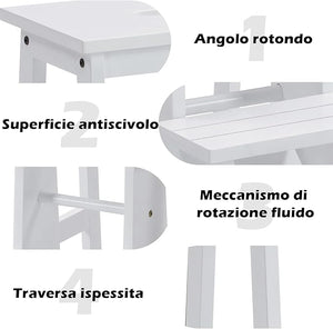Scaletta Pieghevole, 3 in 1 Scaletta e Sgabello in Legno di Gomma Multifunzione, 3 Gradini, Reversibili Impugnatura, Capacità di Carico 310 kg, Ideale per Studio, Soggiorno (Bianco)