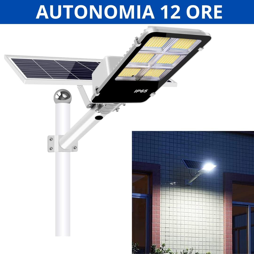 Lampione Solare esterno 400W con Pannello fotovoltaico, LED 6500K Bianco Freddo