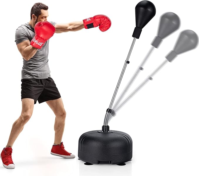 Sacco da Boxe da Terra Regolabile in 4 Posizioni, Sacco da Boxe con Supporto e Base Stabile, Ideale per Adulti e Bambini