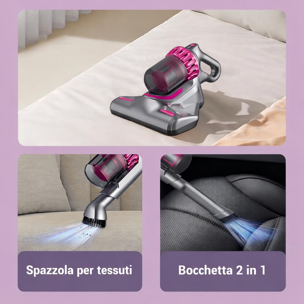 Aspirapolvere Senza Fili 4 in 1 Ricaricabile 100W, Scopa Elettrica Wireless Senza Sacco con Luce UV-C Antiacaro, Display LCD, 3 Velocità, Filtro EPA Lavabile, Autonomia 45 Min, Accessori Inclusi.