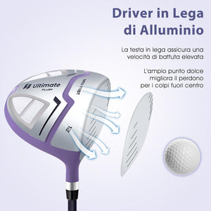 Set Completo di Mazze da Golf per Donna, con Driver 460CC 1, Fairway 3, Ibrido 5, Ferri 5, 6, 7, 8, 9, P e S, Putter e Borsa Portatile Leggera, Destrorso