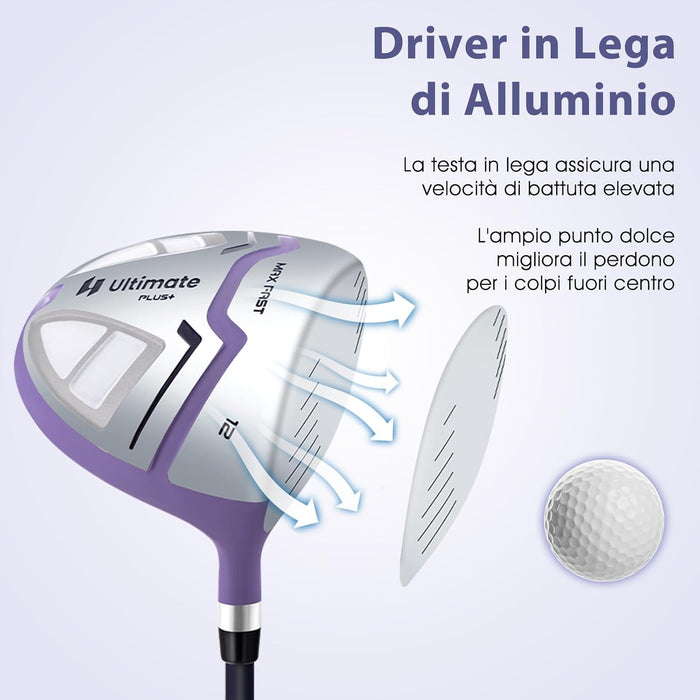 Set Completo di Mazze da Golf per Donna, con Driver 460CC 1, Fairway 3, Ibrido 5, Ferri 5, 6, 7, 8, 9, P e S, Putter e Borsa Portatile Leggera, Destrorso